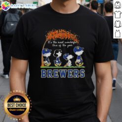 Alt Text: Happy Milwaukee Brewers X Peanuts Snoopy and Friends autumn t-shirt celebrating the most wonderful time of the year.