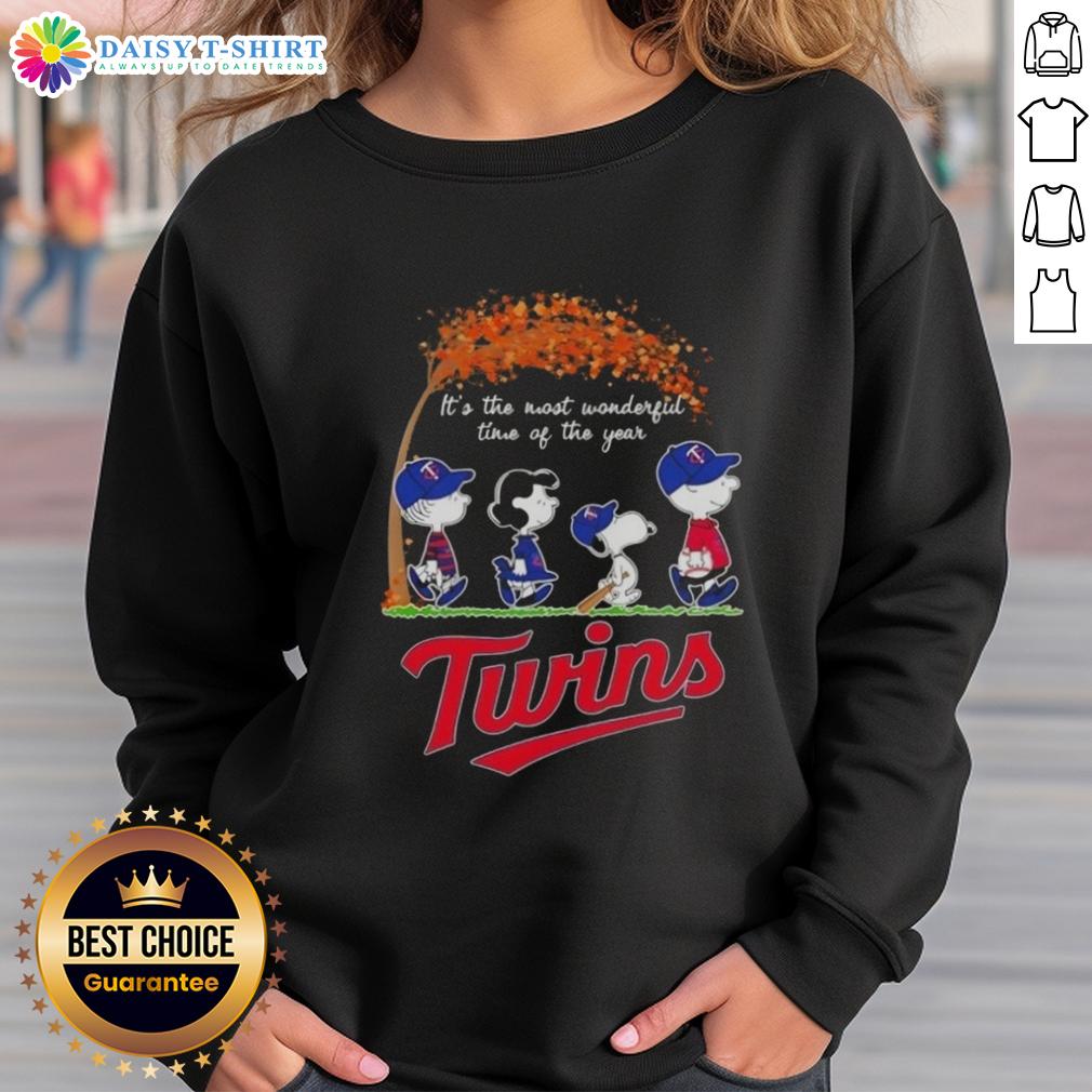 Alt Text: Happy Minnesota Twins X Peanuts Snoopy sweatshirt celebrating autumn, perfect for the most wonderful time of the year.