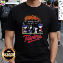 Happy Minnesota Twins X Peanuts Snoopy and Friends autumn T-shirt celebrating 'It's The Most Wonderful Time of The Year.'