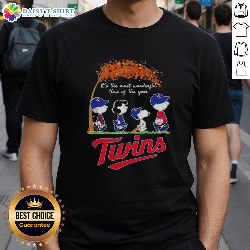 Happy Minnesota Twins X Peanuts Snoopy and Friends autumn T-shirt celebrating 'It's The Most Wonderful Time of The Year.'