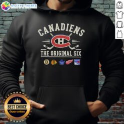 Alt Text: Happy Montreal Canadiens Original Six combined hoodie featuring team colors and logo, perfect for fans.
