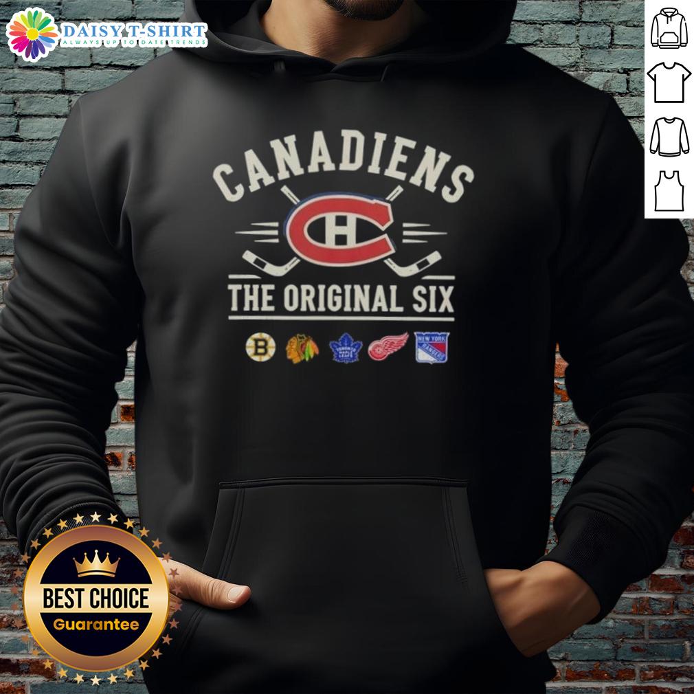 Alt Text: Happy Montreal Canadiens Original Six combined hoodie featuring team colors and logo, perfect for fans.