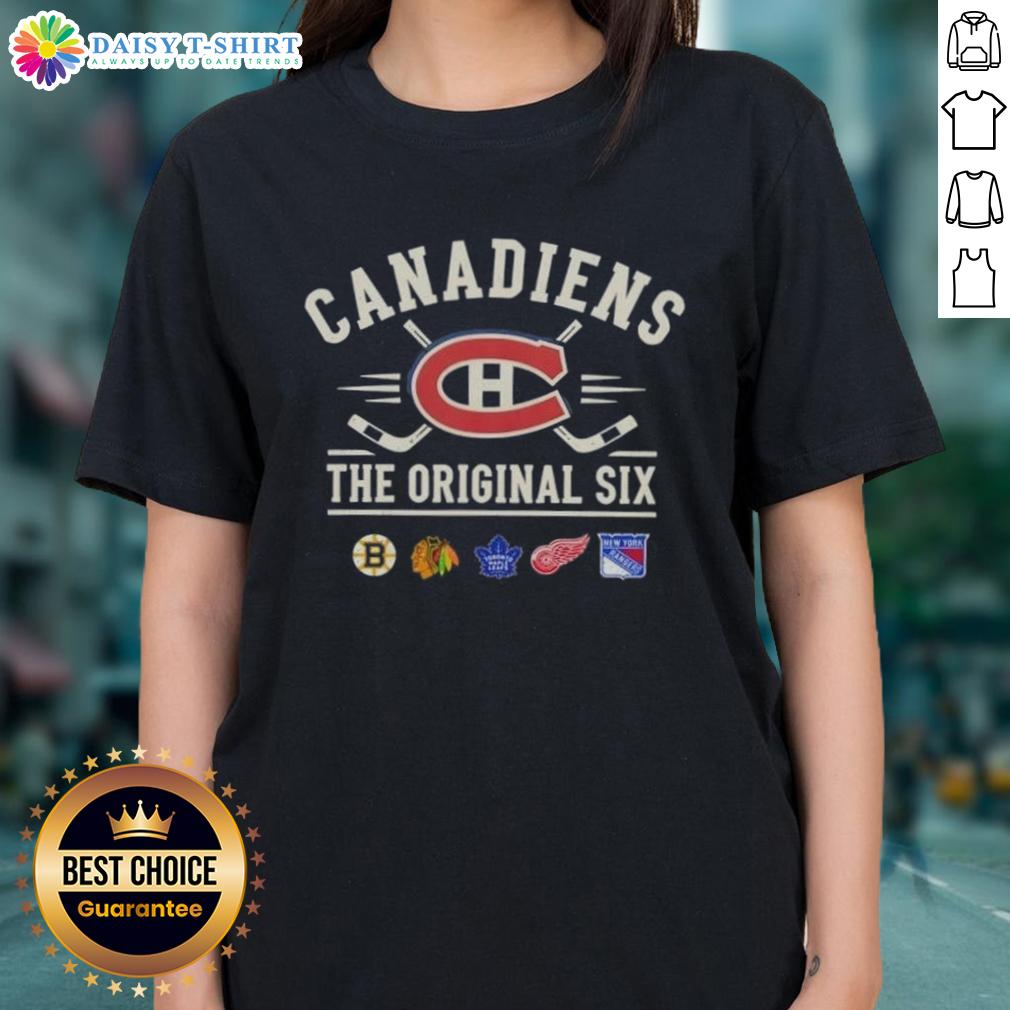 Alt Text: Happy Montreal Canadiens Original Six combined ladies tee featuring team colors and logo, perfect for female fans.