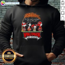 Happy NC State Wolfpack hoodie featuring Snoopy and friends, perfect for autumn and holiday celebrations.