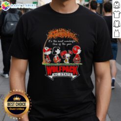 Alt Text: Happy NC State Wolfpack x Peanuts Snoopy and Friends autumn t-shirt celebrating 'It's The Most Wonderful Time of The Year'