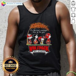 Happy NC State Wolfpack tank top featuring Snoopy and friends, perfect for autumn celebrations and holiday cheer.