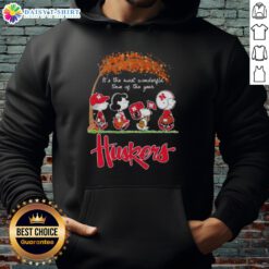 Happy Nebraska Cornhuskers hoodie featuring Snoopy and friends in autumn, celebrating the most wonderful time of the year.