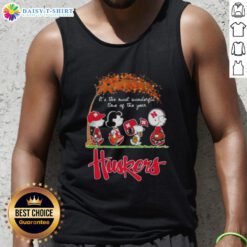 Happy Nebraska Cornhuskers tank top featuring Snoopy and friends, perfect for autumn cheer during the most wonderful time of the year.