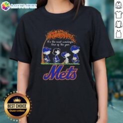 Alt Text: Happy New York Mets X Peanuts Snoopy and Friends autumn ladies tee celebrating the most wonderful time of the year.