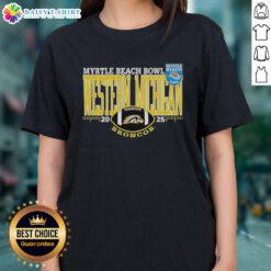 Happy Western Michigan Broncos Myrtle Beach Bowl 2025 Ladies Tee showcasing team spirit and style for fans.