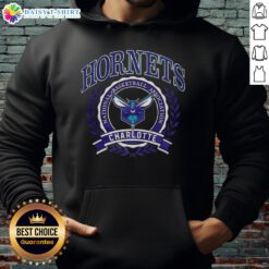 Alt Text: Retro hoodie featuring the Charlotte Hornets NBA logo framed with a laurel wreath design, perfect for fans.