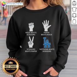 Hot Los Angeles Dodgers sweatshirt featuring a playful design with rock, paper, scissors theme for fans.