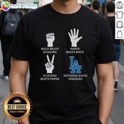 Hot Los Angeles Dodgers T-Shirt featuring 'Nothing Beats Rock, Scissors, Paper Beats Rock' design in vibrant colors.