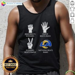 Hot Los Angeles Rams tank top featuring a playful design: Rock beats scissors, paper beats rock, scissors beats paper.