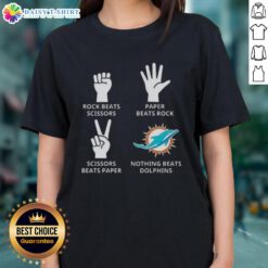 Hot Miami Dolphins ladies tee featuring the phrase 'Nothing Beats Rock, Paper, Scissors' in vibrant colors.