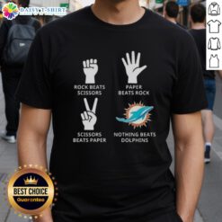Hot Miami Dolphins t-shirt featuring 'Nothing Beats Rock Beats Scissors Paper Beats Rock Scissors Beats Paper' design.