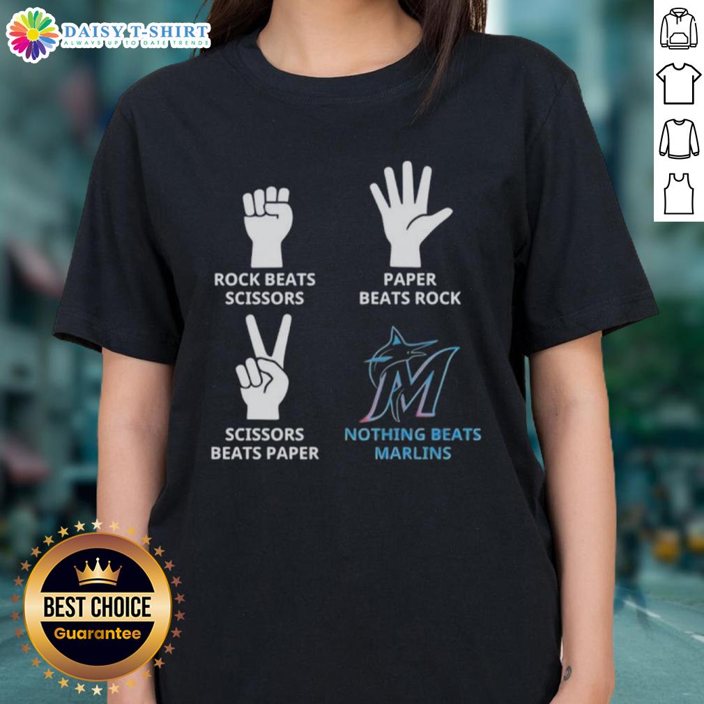 Hot Miami Marlins ladies tee featuring 'Nothing Beats Rock, Scissors, Paper Beats Rock, Scissors Beats Paper' design.