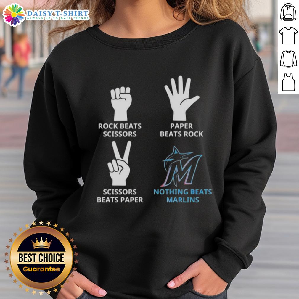 Hot Miami Marlins sweatshirt featuring a fun rock, paper, scissors graphic, perfect for fans and casual wear.