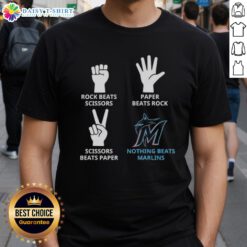 Hot Miami Marlins T-shirt featuring 'Nothing Beats Rock Beats Scissors Paper Beats Rock Scissors Beats Paper' design.