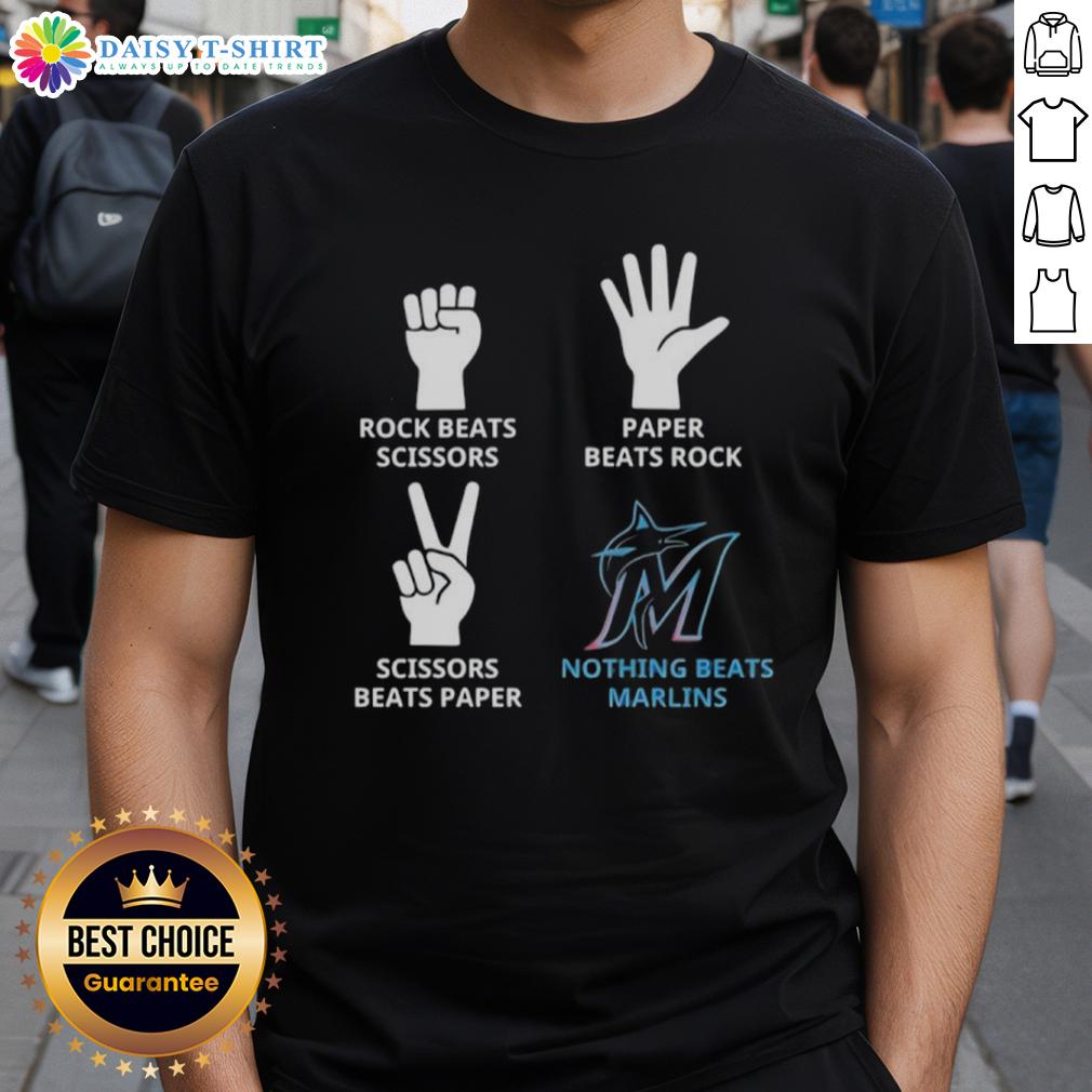 Hot Miami Marlins T-shirt featuring 'Nothing Beats Rock Beats Scissors Paper Beats Rock Scissors Beats Paper' design.