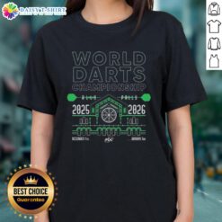 Alt Text: Hot World Darts Championship 2025-2026 Ladies Tee featuring vibrant design and darts-themed graphics.