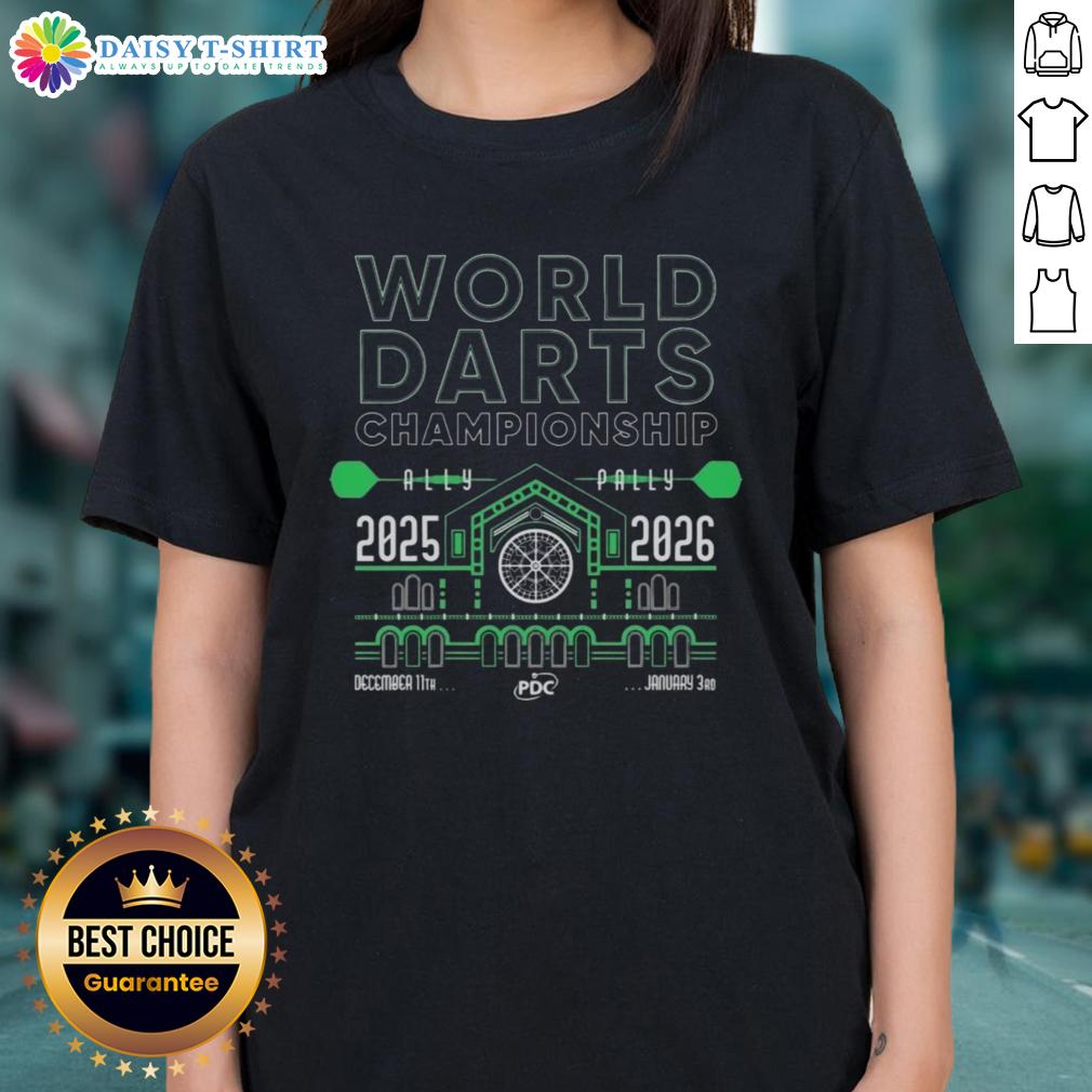 Alt Text: Hot World Darts Championship 2025-2026 Ladies Tee featuring vibrant design and darts-themed graphics.