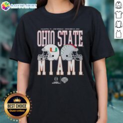 2026 playoff quarterfinal: Miami Hurricanes vs Ohio State Buckeyes ladies tee featuring vibrant team colors and logo.