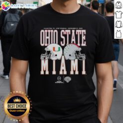 2026 Miami Hurricanes vs Ohio State Buckeyes playoff quarterfinal t-shirt featuring team logos and game details.