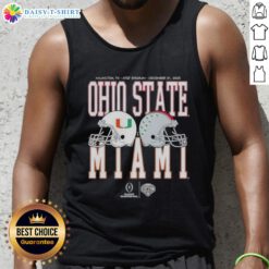 2026 Miami Hurricanes vs Ohio State Buckeyes playoff quarterfinal tank top featuring vibrant team logos and colors.