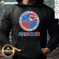 Cozy hoodie featuring Kansas City Chiefs, Royals, St. Louis Cardinals, and Blues logos, perfect for sports fans.