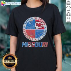 Ladies tee featuring Kansas City Chiefs, Royals, St. Louis Cardinals, and Blues logos - perfect for sports fans.