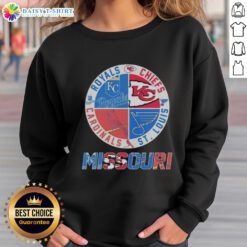 Cozy sweatshirt featuring Kansas City Chiefs, Royals, St. Louis Cardinals, and Blues logos, perfect for sports fans.