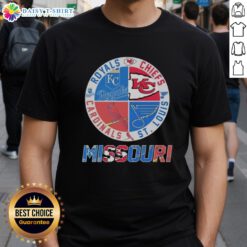 Stylish T-shirt featuring Kansas City Chiefs, Royals, Cardinals, and Blues logos, perfect for sports fans.
