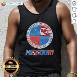 Nice Missouri tank top featuring Kansas City Chiefs, Royals, St. Louis Cardinals, and Blues logos for sports fans.