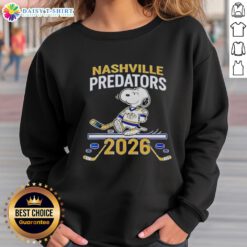 Alt Text: 2026 Nice Nashville Predators Hockey Snoopy Peanuts sweatshirt featuring colorful design and team logo.