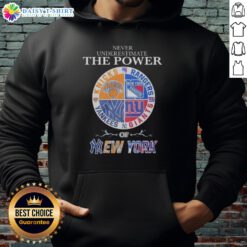 Alt Text: Stylish hoodie featuring a mashup logo of New York Knicks, Rangers, Yankees, and Giantsperfect for sports fans.