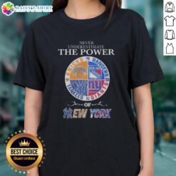 Alt Text: Stylish ladies tee featuring a mashup logo of New York Knicks, Rangers, Yankees, and Giants.