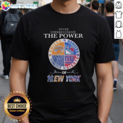 Alt Text: Nice Never Underestimate The Power T-Shirt featuring New York Knicks, Rangers, Yankees, Giants mashup logo design.