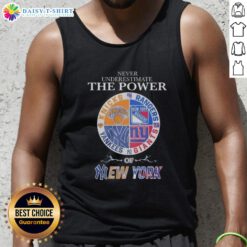 Stylish tank top featuring a mashup logo of New York Knicks, Rangers, Yankees, and Giants, perfect for sports fans.