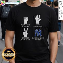 New York Yankees T-shirt featuring 'Nothing Beats Rock Paper Scissors Beats Rock Scissors Beats Paper' design.