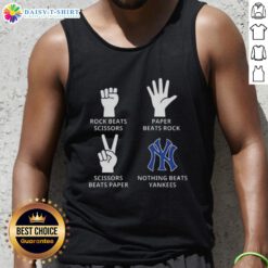 NY Yankees tank top featuring a fun 'Rock, Paper, Scissors' graphic, perfect for baseball fans and casual wear.