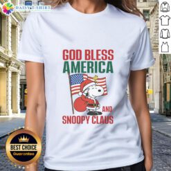 Nice Peanuts God Bless America and Snoopy Claus Ladies Tee featuring festive design for Peanuts fans.