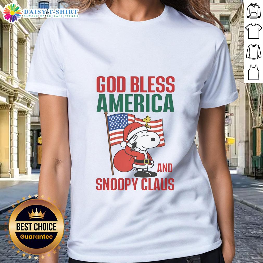 Nice Peanuts God Bless America and Snoopy Claus Ladies Tee featuring festive design for Peanuts fans.