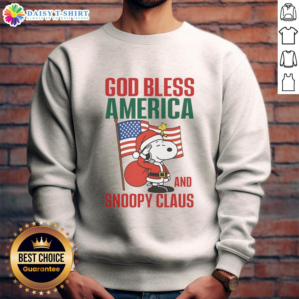 Alt Text: Nice Peanuts God Bless America and Snoopy Claus sweatshirt featuring festive design and vibrant colors for holiday cheer.