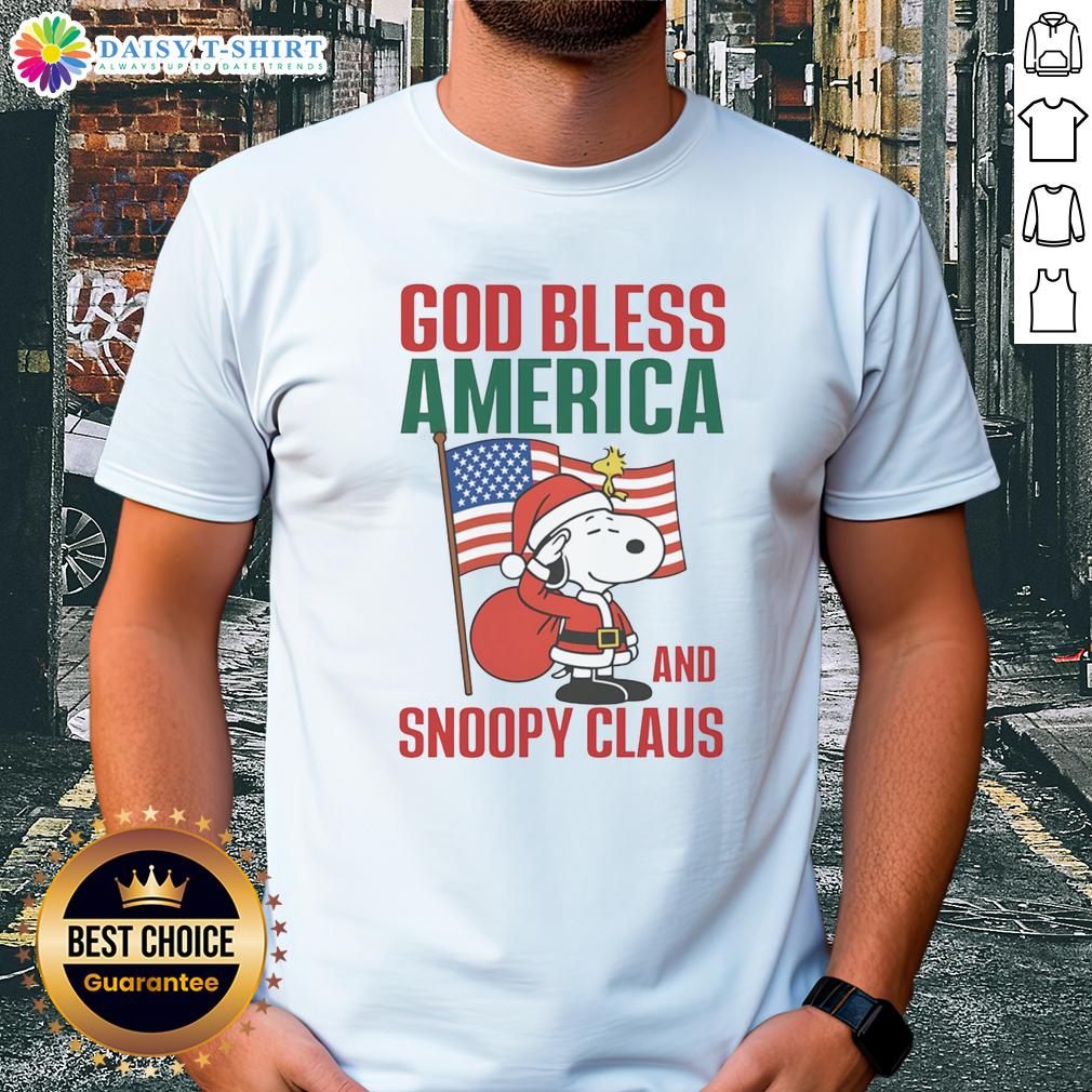 Nice Peanuts God Bless America and Snoopy Claus T-Shirt featuring Snoopy in festive attire, perfect for holiday celebrations.