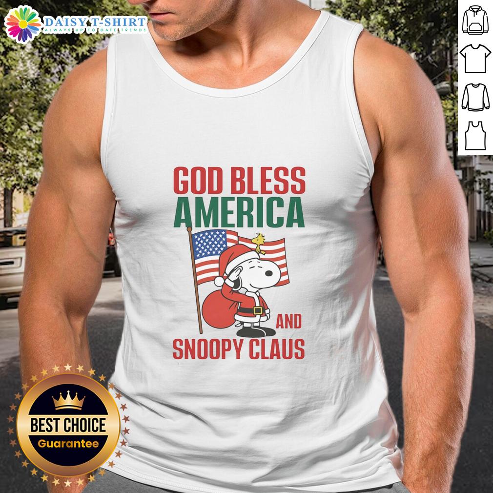 Nice Peanuts God Bless America and Snoopy Claus tank top featuring colorful design and festive characters.
