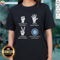 Seattle Mariners ladies tee featuring 'Nothing Beats Rock, Scissors, Paper Beats Rock, Scissors Beats Paper' design.