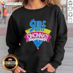 Cozy Nice Surf Cincinnati sweatshirt displayed on a hanger, showcasing trendy design and vibrant colors for casual wear.