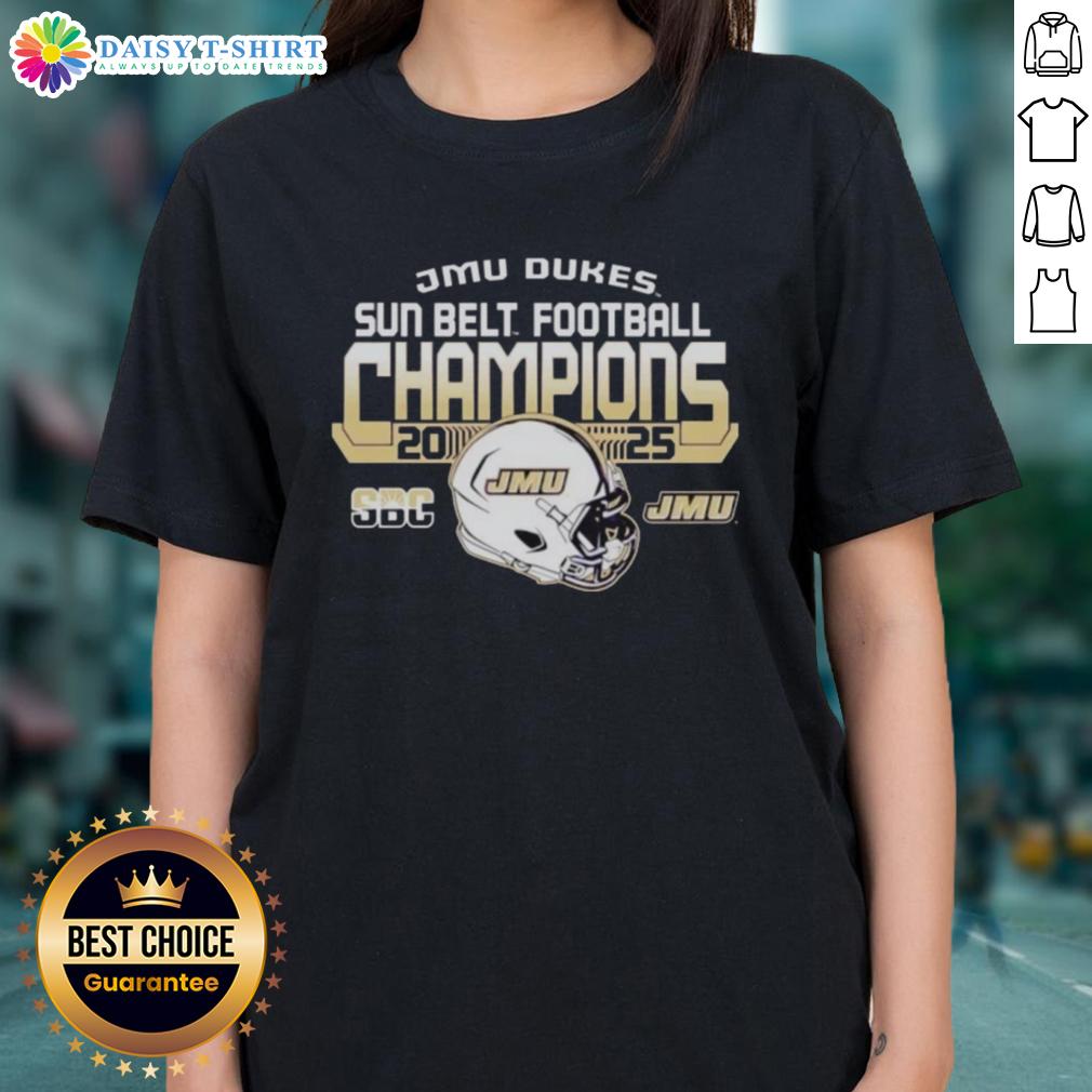 Ladies tee celebrating the 2025 Sun Belt Football Champions, James Madison University Dukes, in vibrant colors.