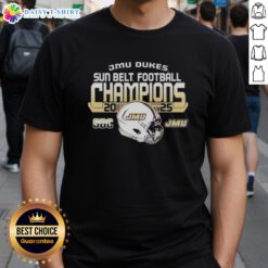 Alt Text: Official James Madison University Dukes Sun Belt Football Champions 2025 T-Shirt featuring team logo and celebratory design.